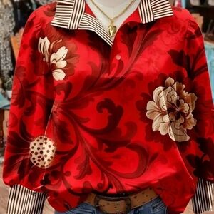 Red Floral Satin Blouse with Striped Trim